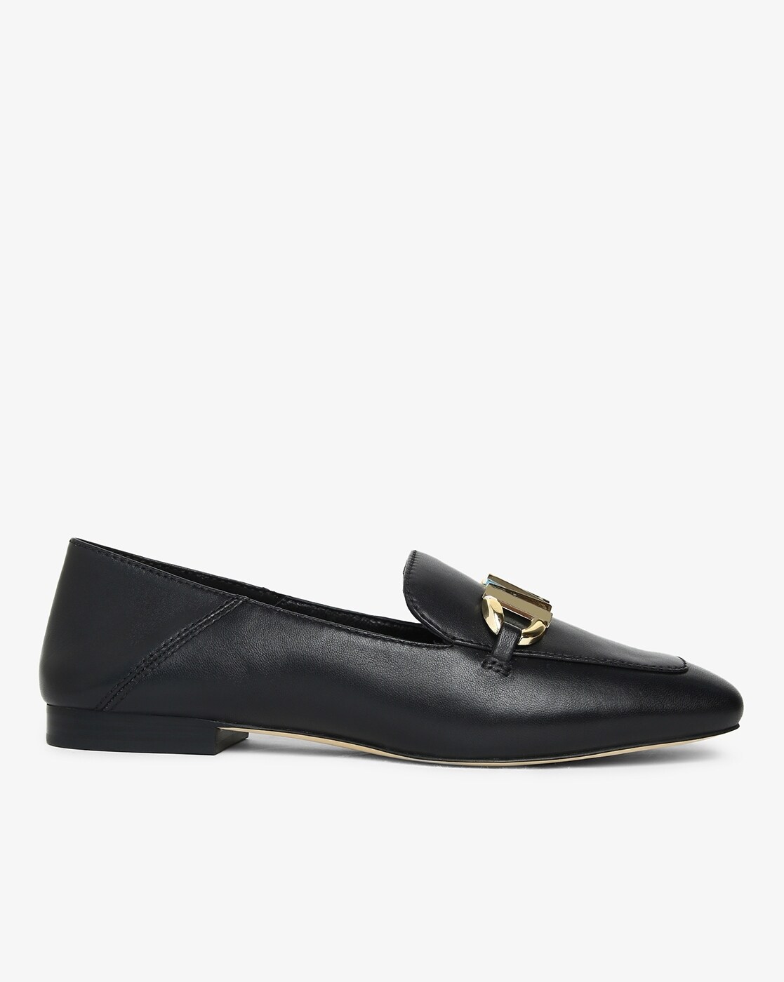 womens black loafers with gold buckle