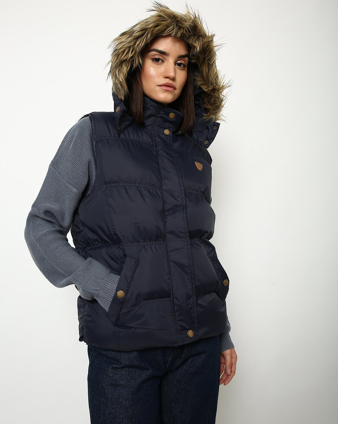 sleeveless puffer jacket with fur hood