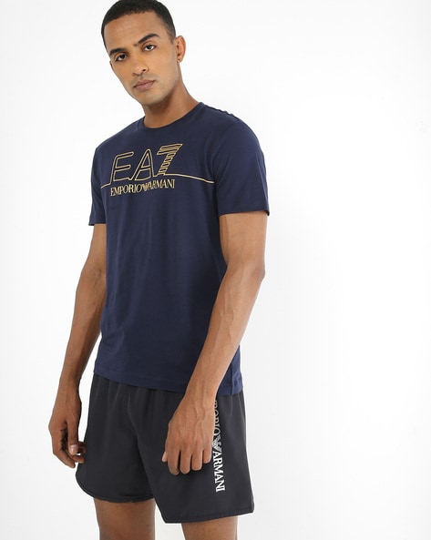 Buy EA7 Emporio Armani Logo Print Crew-Neck T-shirt | Navy Blue Color Men |  AJIO LUXE