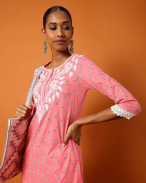 Pink Paisley Printed Cotton Kurta