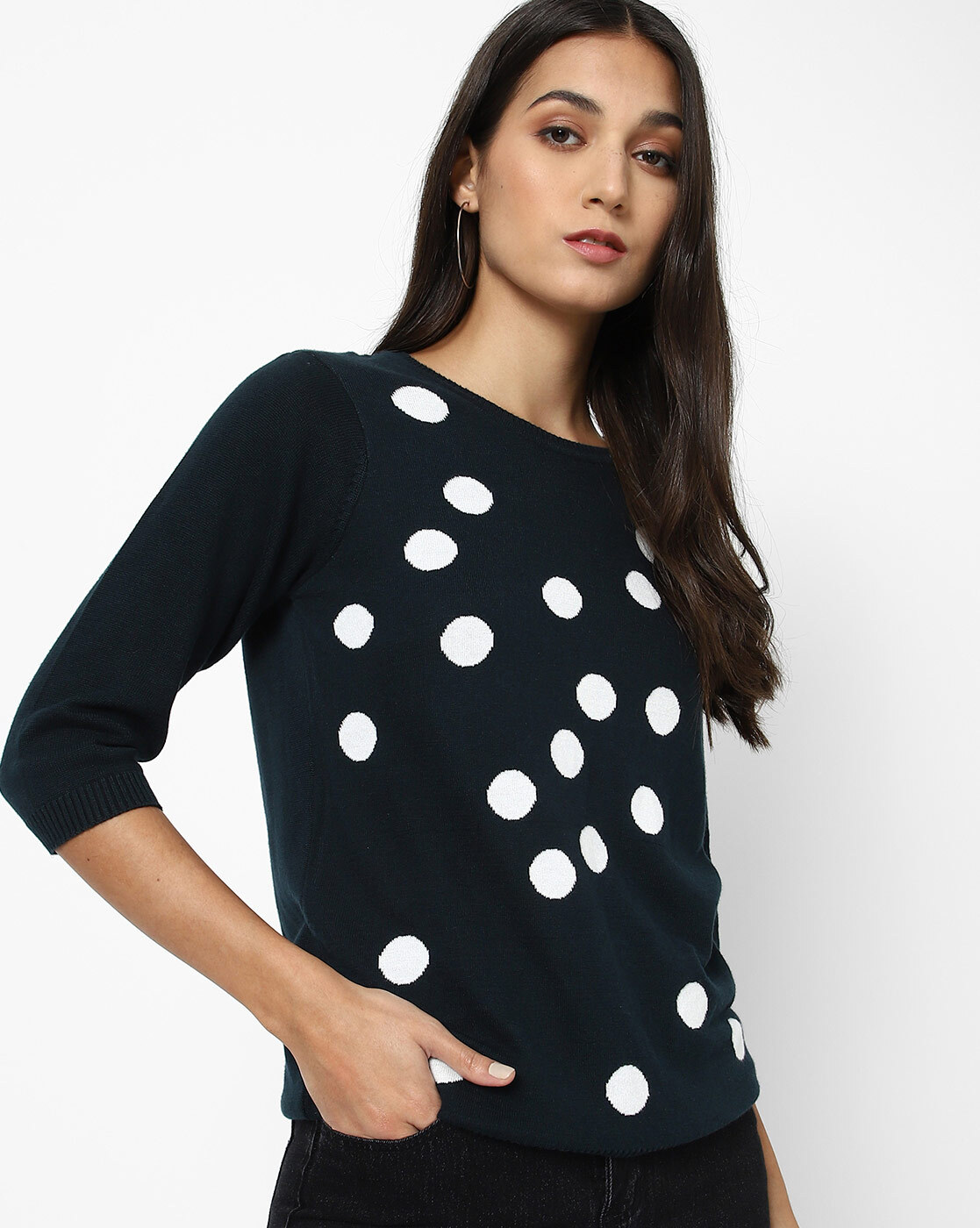 grey sweater with white polka dots