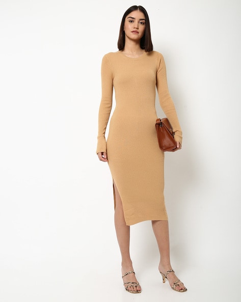 Royàl Ribbed Long Sleeve Dress in Brown