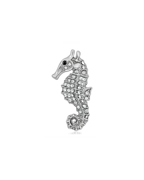 MAHI Rhodium Plated Gleaming Crystal Sea Horse Lapel Pin