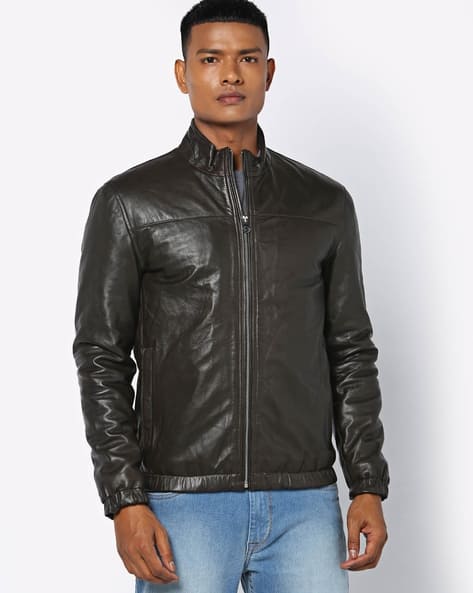 Buy Tortoise Genuine Leather Zip-Front Bik Online | Ajio.com