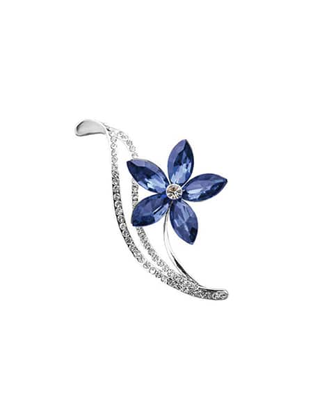 MAHI Rhodium Plated Floral Designer Montana Blue Crystal Brooch