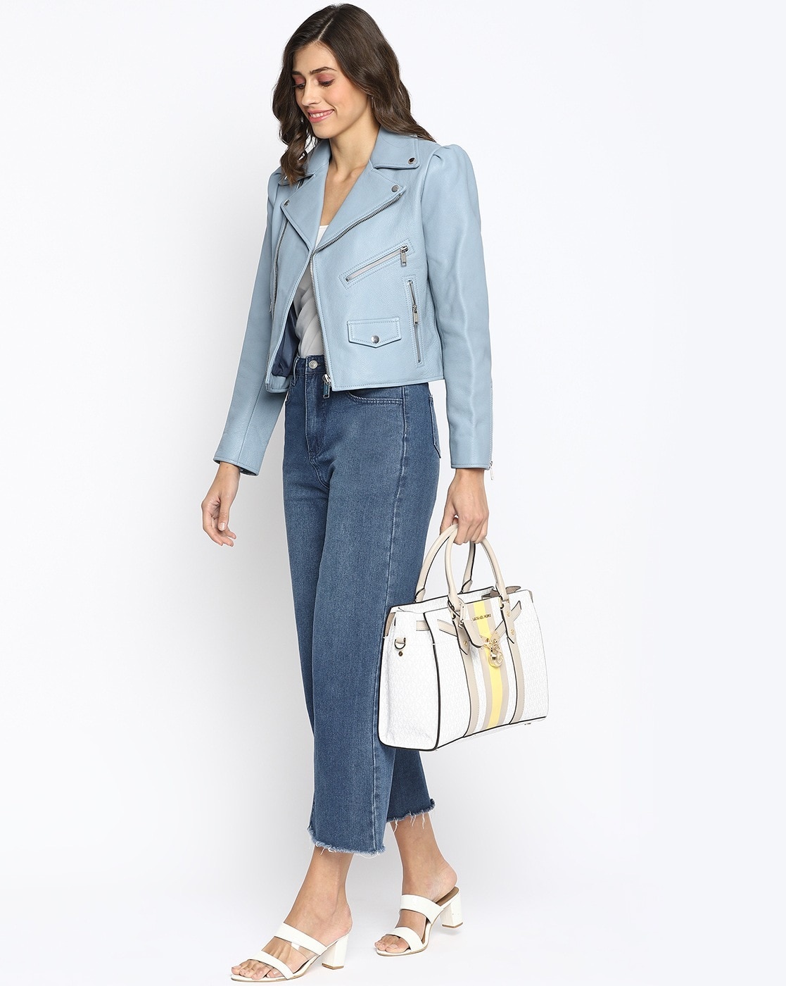 Buy Michael Kors Pebbled Leather Moto Jacket with Puff Sleeves | Chambray  Color Women | AJIO LUXE