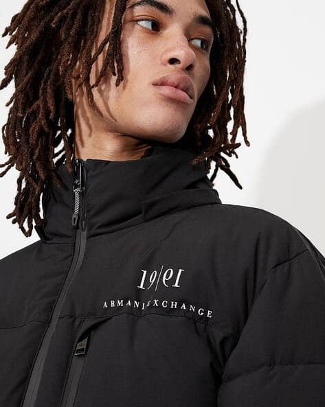 Logo Print Zip-Front Puffer Jacket with Detachable Hood