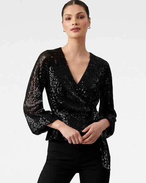 Black sequin best sale wrap top