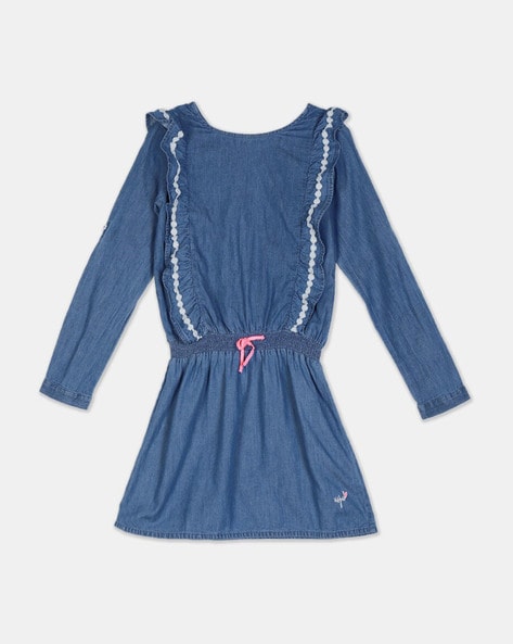 Washed Denim A-line Dress with Ruffle Accent