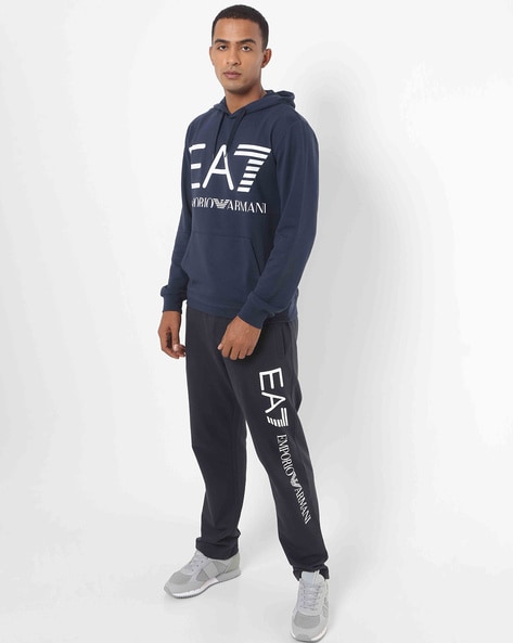 Buy EA7 Emporio Armani Logo Print Hoodie with Kangaroo Pocket | Blue Color  Men | AJIO LUXE