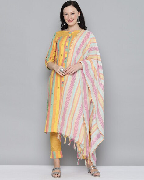 Striped 3-Piece Unstitched Dress Material Price in India