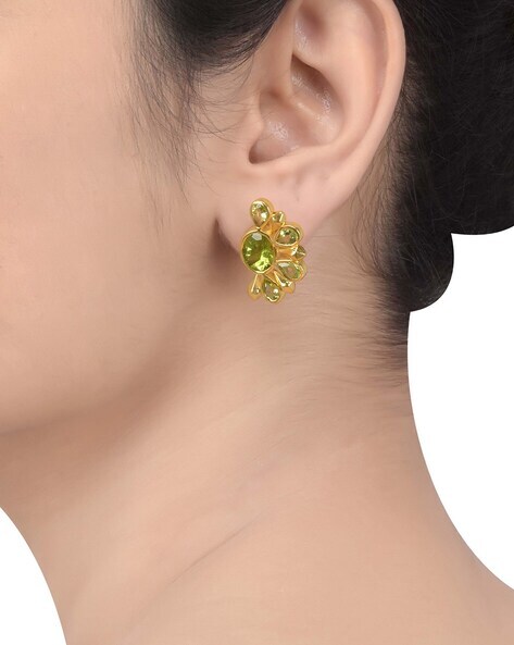 Yellow Gold 3.15 ct Diamond and Peridot Flower Stud Earrings Halo Jacket  Set Studs August Birthstone