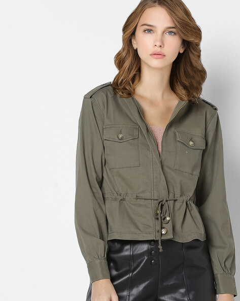 Unique Bargains Women's Button Down Cropped Ruffle Hem Denim Jacket S Army  Green - Walmart.com