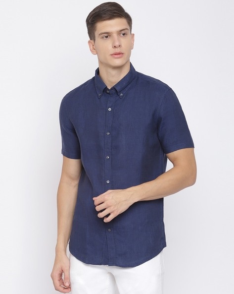 Buy Michael Kors Yarn-Dyed Linen Shirt with Button-Down Collar | Navy Blue  Color Men | AJIO LUXE