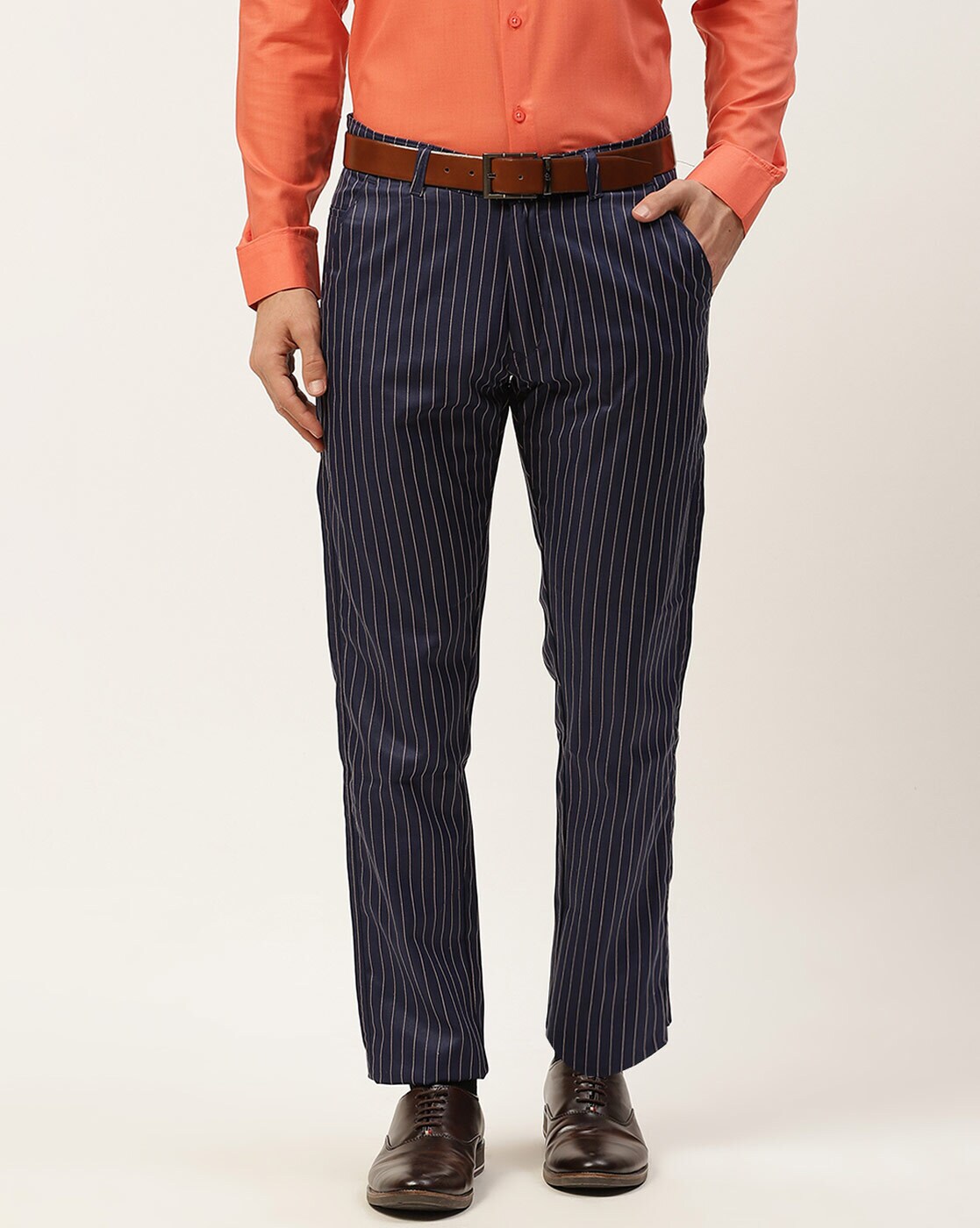 Buy Men Navy Stripe Carrot Fit Formal Trousers Online - 464008 | Peter  England