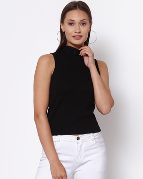 black sleeveless roll neck top