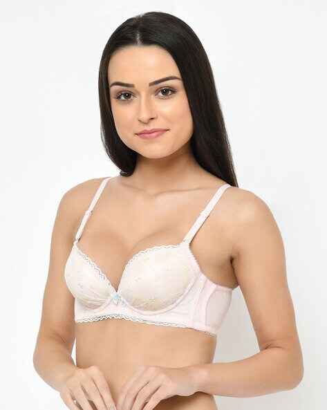 Women Printed Heavily Padded Underwired Push Up Bra Pink