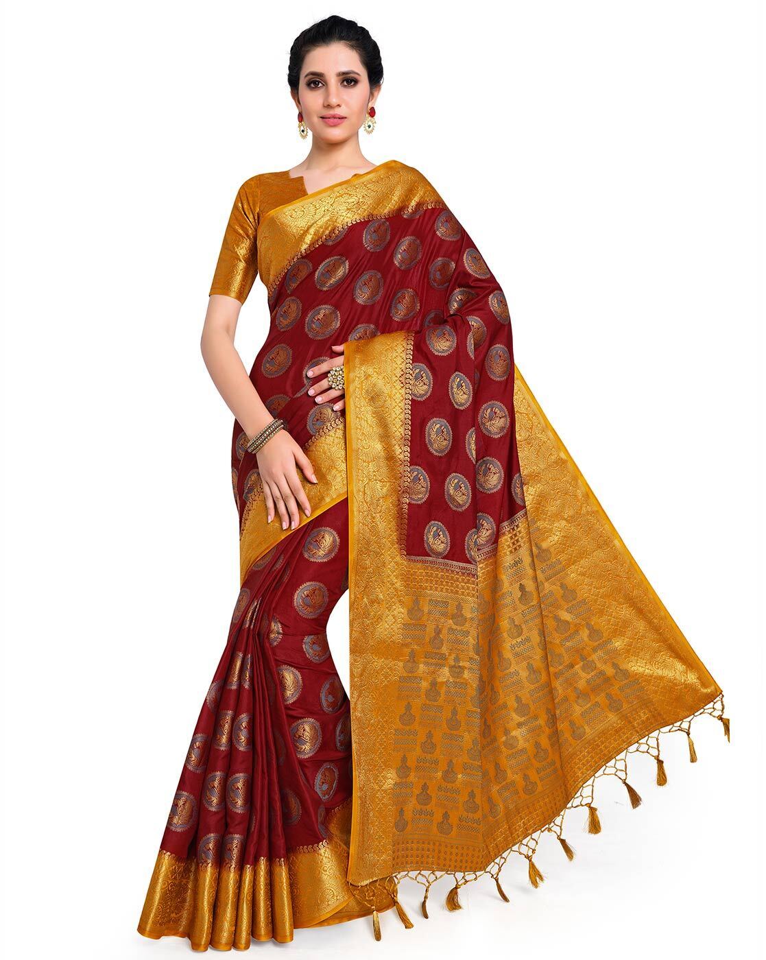 Burnt maroon silk and banarasi brocade with cutout yoke design