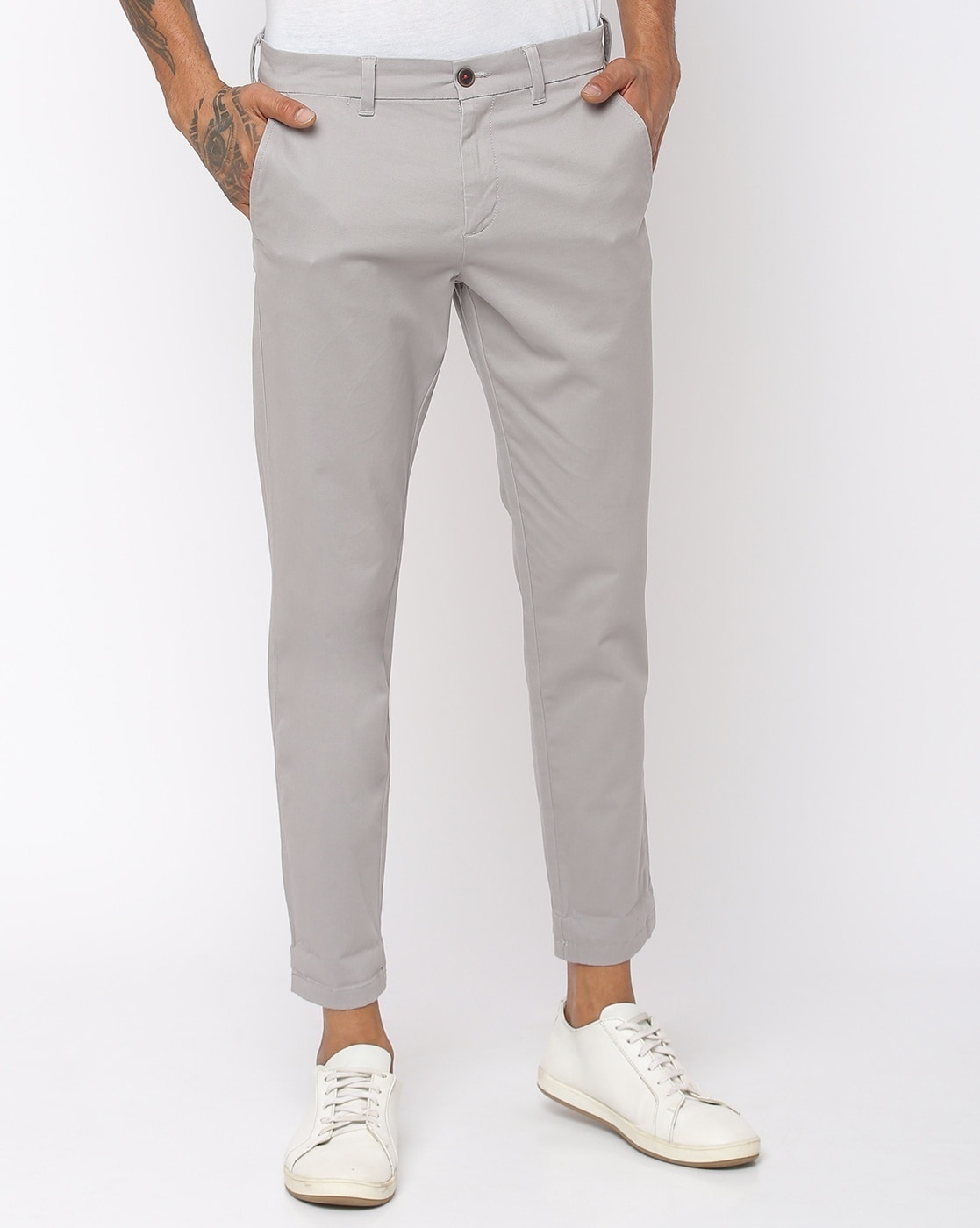 Buy INTUNE Steel Grey Slim Fit Cropped Stretch Cotton Chinos | Shoppers Stop