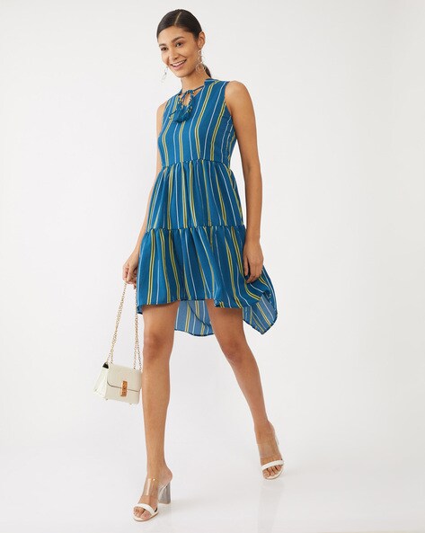 blue and white striped high low dress