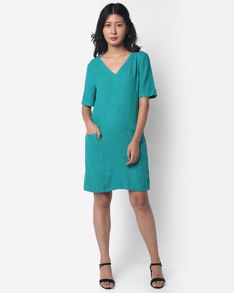V-Neck Shift Dress with Insert Pockets