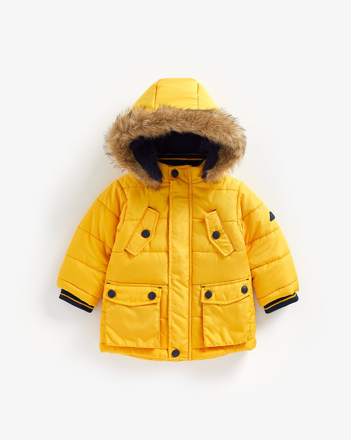 Mustard coat shop with fur hood