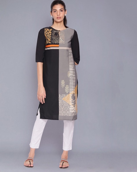 W Block Print Panelled Straight Kurta