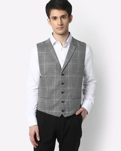 Checked Slim Fit Waist Coat with Notched Lapel