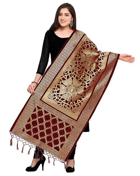 Woven Floral Dupatta with Braided Fringe Price in India