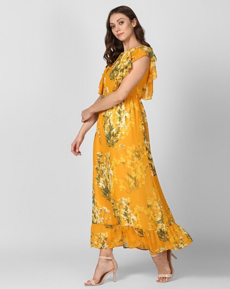 A Line V Neck Yellow Prom Dresses with 3D Flower, Yellow Floral Long F –  jbydress