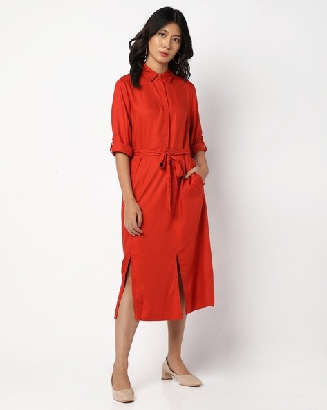red midi shirt dress