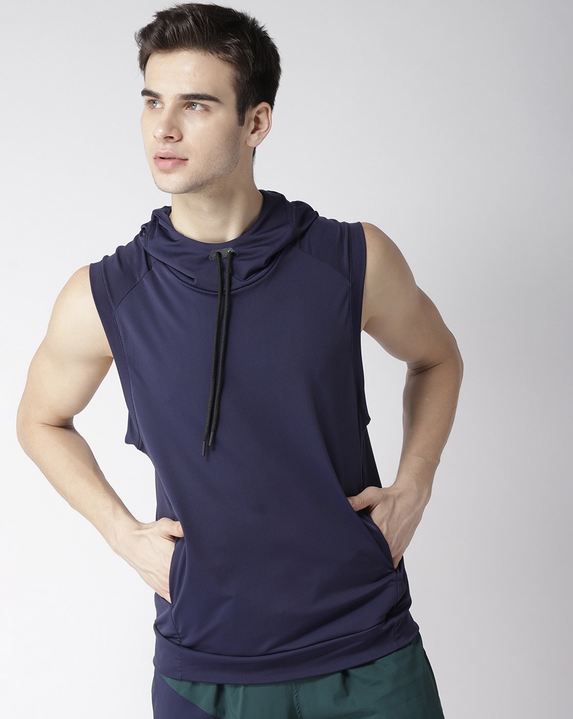 navy blue sleeveless hoodie