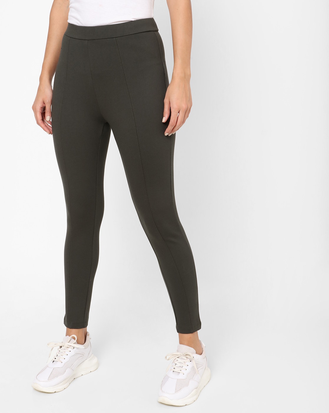 Mid-Rise Panelled Treggings with Elasticated Waist