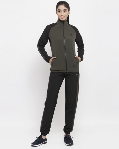 Buy Olive Solid Zipper Tracksuit for Women