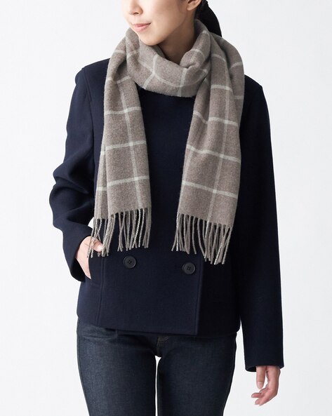 Checked Woven Wool Scarf with Fringes Price in India