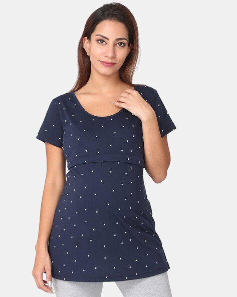 navy blouse white polka dots