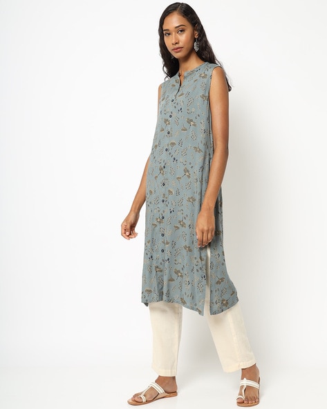 Floral Print Sleeveless Straight Kurta