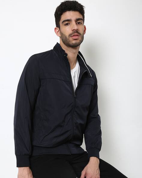 Slim Fit Zip-Front Bomber Jacket with Slip Pockets