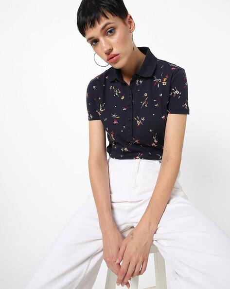 Floral Print Polo T-shirt with Ribbed Collar