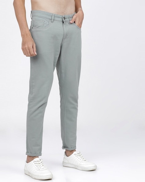 Celio Men Grey Solid Loose Fit Cotton Elastane Cargos Casual Trousers