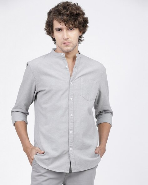 Men Textured Slim Fit Shirt with Mandarin Collar