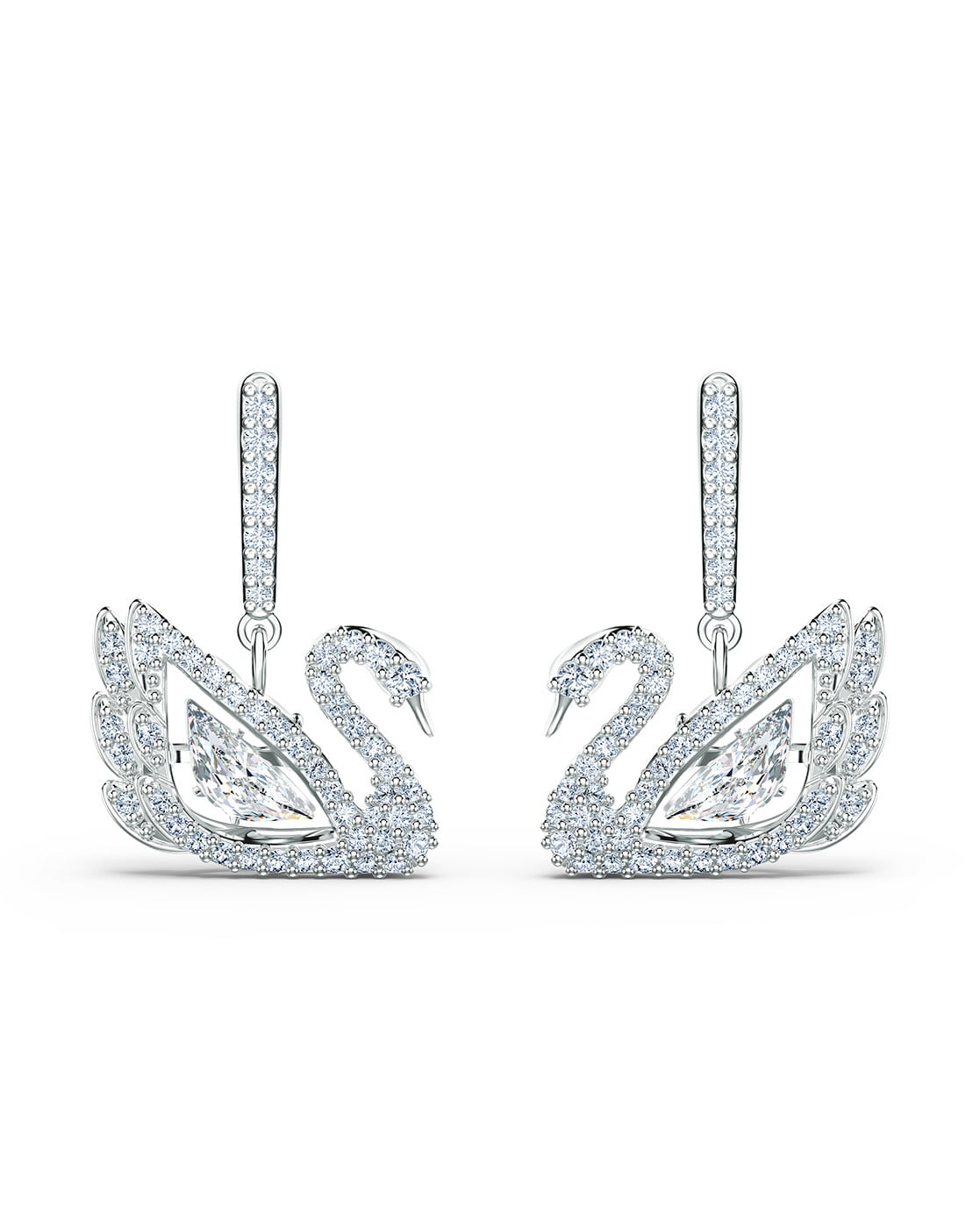 Swarovski Iconic Swan drop earrings, Swan, White, Rhodium plated | Swarovski