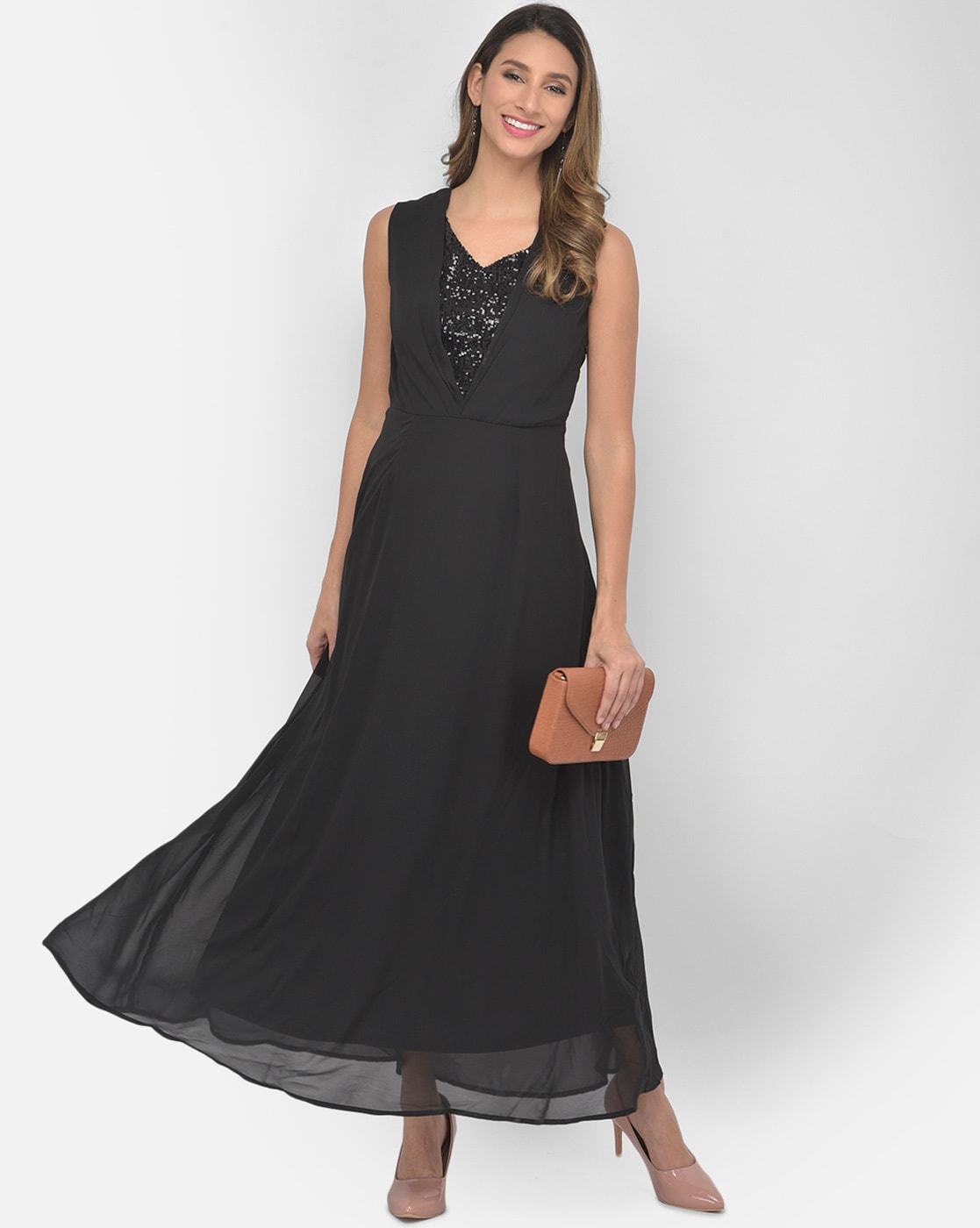 Buy Latin Quarters Women Black Half Sleeve Maxi Dress online