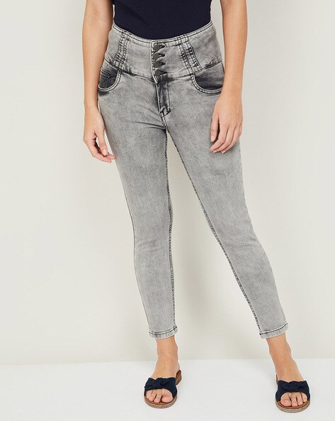 Buy online Grey Solid Mid Rise Full Length Jegging from Jeans