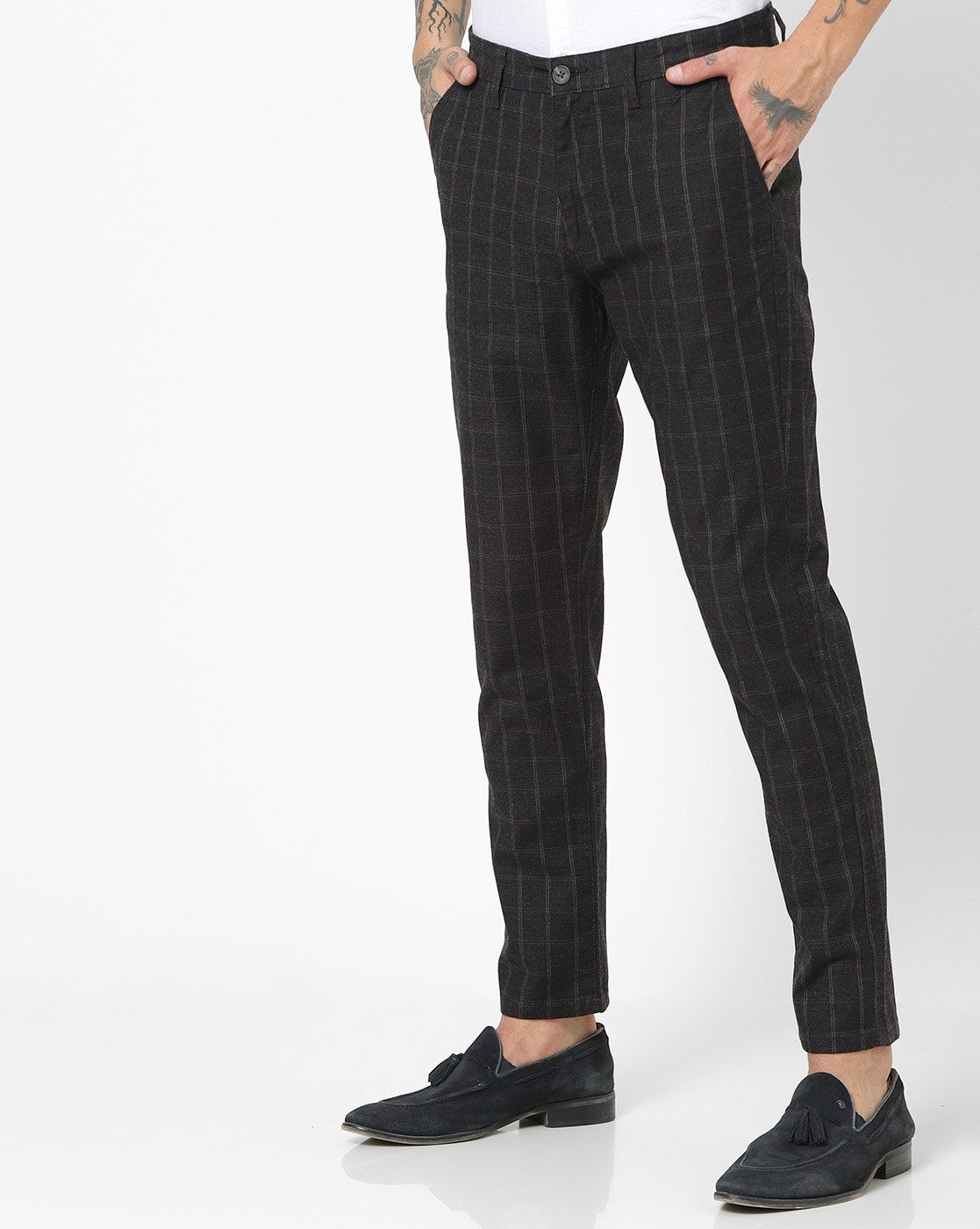 Checked Flat-Front Trousers with Insert Pockets