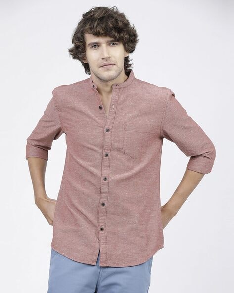 Buy Textured Mandarin Collar Slim Fit Shirt with Long Sleeves