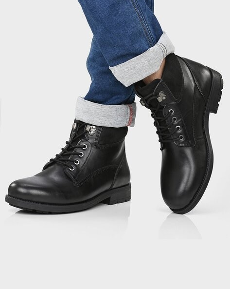 Mens black lace store up ankle boots