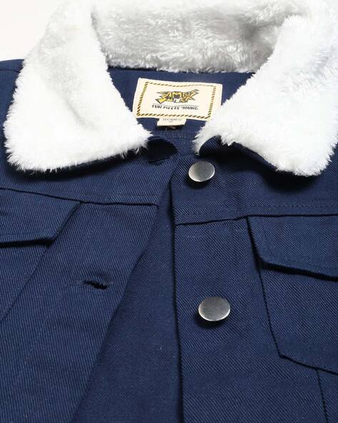 blue jacket with fur collar