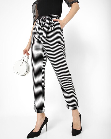 Women Fashion Striped Pants Casual Loose High Waist Wide Leg Paper Bag Long  Straight Pants Belt Trousers | Wish