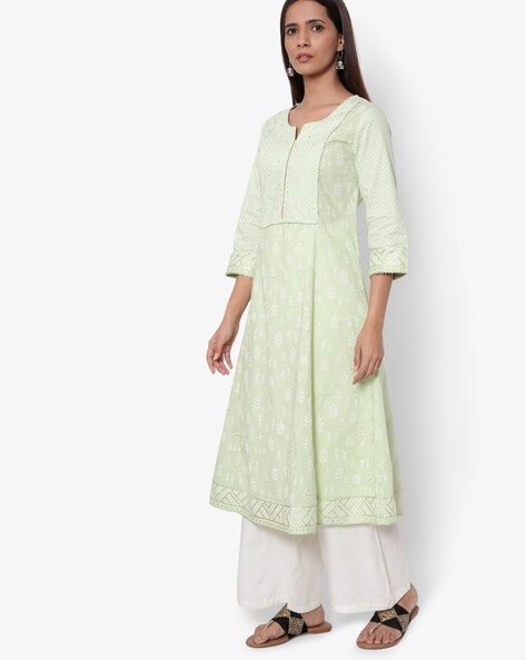 Mint Green Cotton Slub A Line Kurta